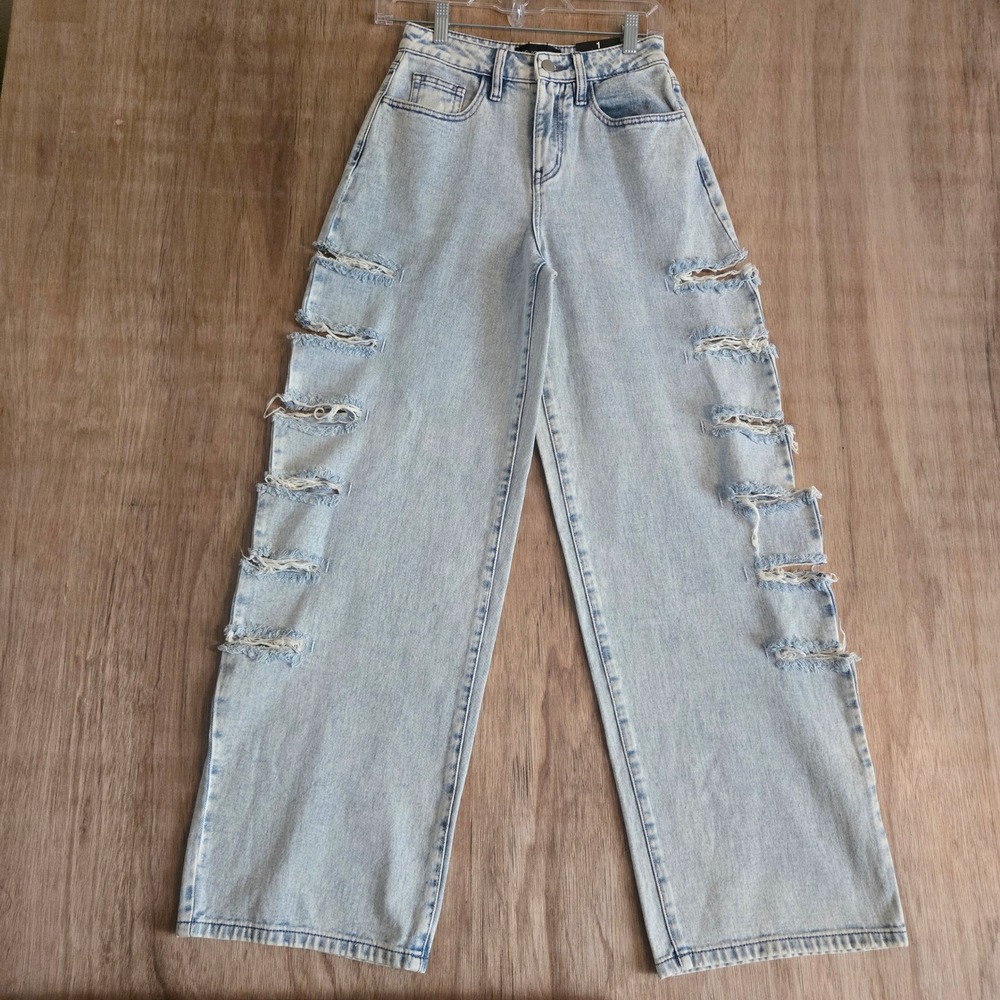 Ripped Baggy Wide Leg Jeans Light Blue Wash Size 1 NEW Streetwear Urban Thrashed